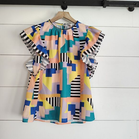 Crosby By Mollie Burch Ruffle Sleeve Abstract Geometric Blouse Colorful Sz S - Picture 1 of 7